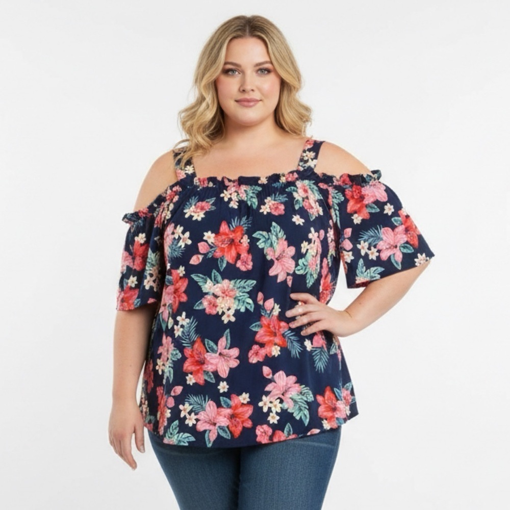 ➕ Miss Lili Cold Shoulder Hibiscus Print Top